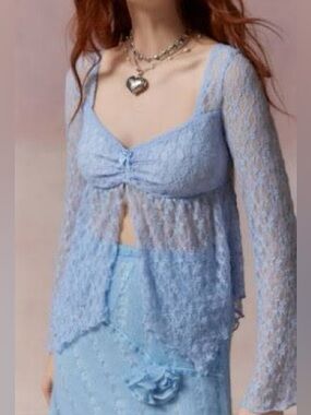 Kimchi Blue Jolene Light Blue Lace Sheer Babydoll Top - Size M